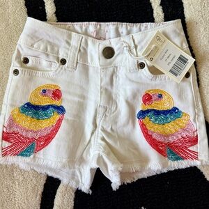 Mini Boden 3T White Shorts with Colorful Parrot Embroidery